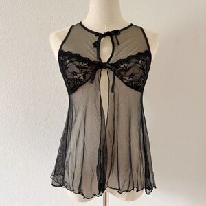 Escante Vintage Black Mesh Lingerie Open Front Dress w/ Front Tie Lace 90s S/M